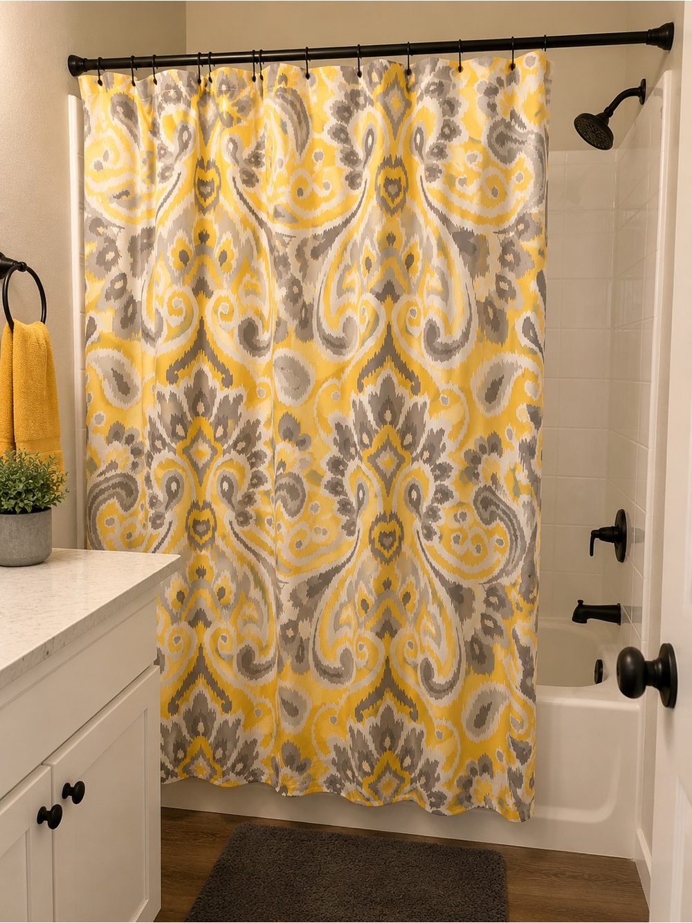 Gray Yellow Ikat/Damask Fabric Shower Curtain